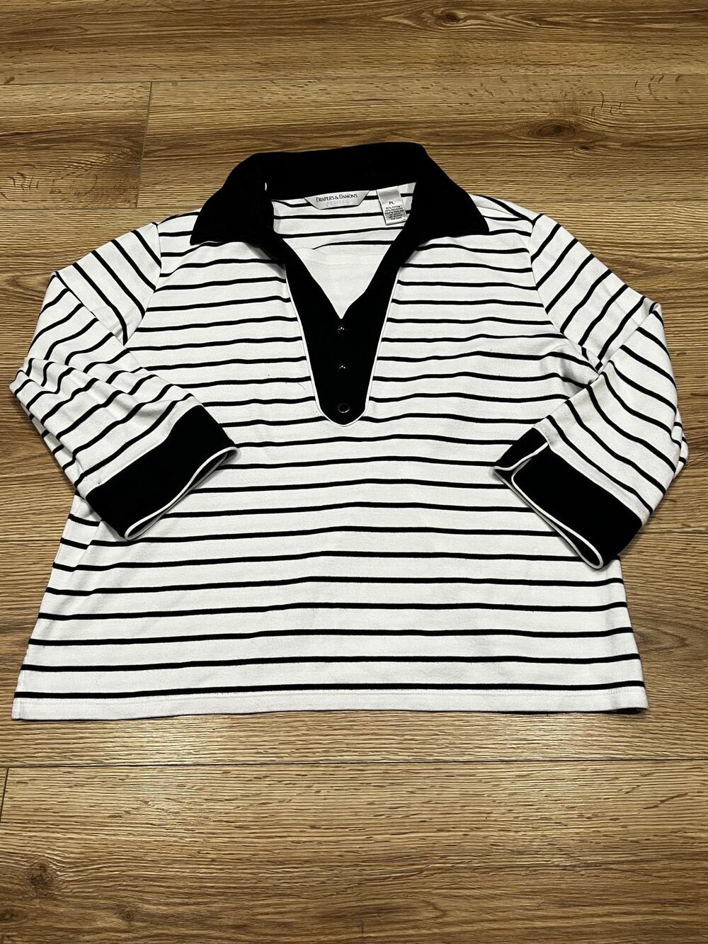 Drapers & Damon's Womens Top Size PL Black White Striped Collared Button F (A00)
